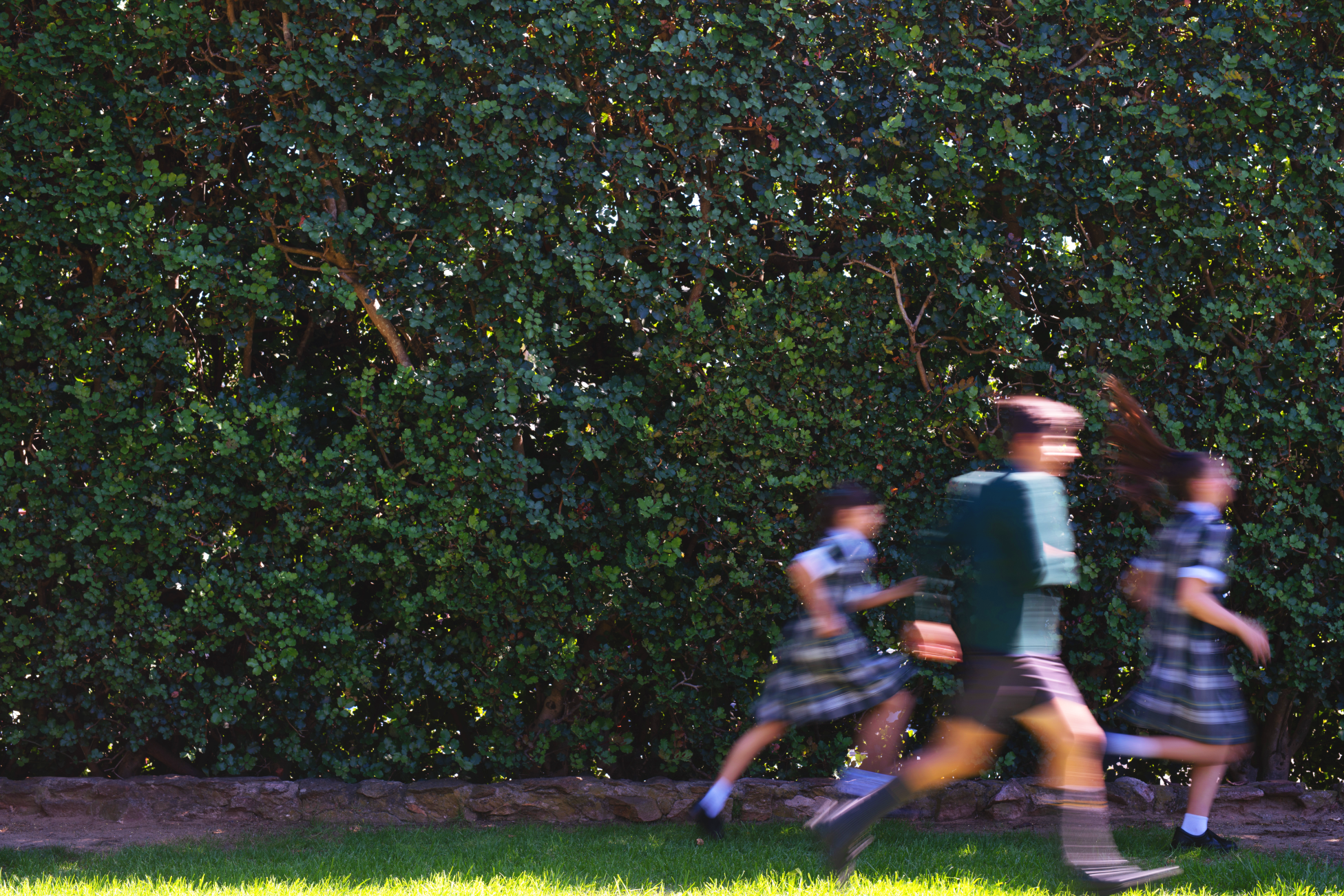 ChatGPT said:  Children in school uniforms running past a green hedge outdoors.